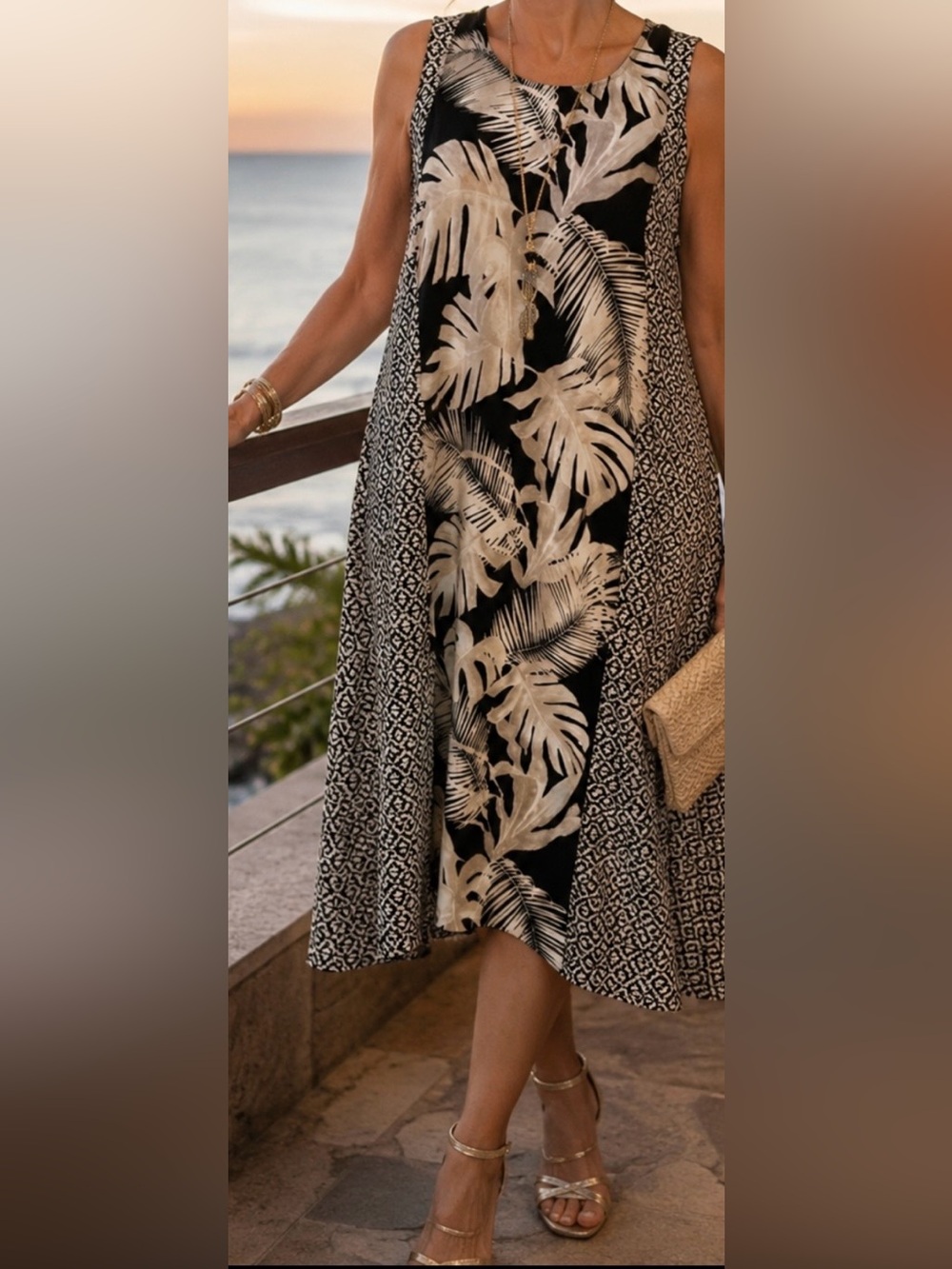 Chico's Black & Cream Tropical Print Sleeveless Dress